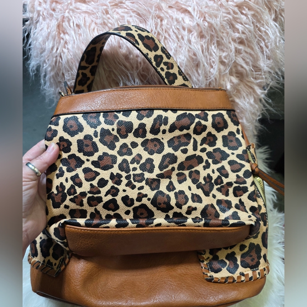 Leopard Accent Tan Leather Tote - Picture 3 of 8